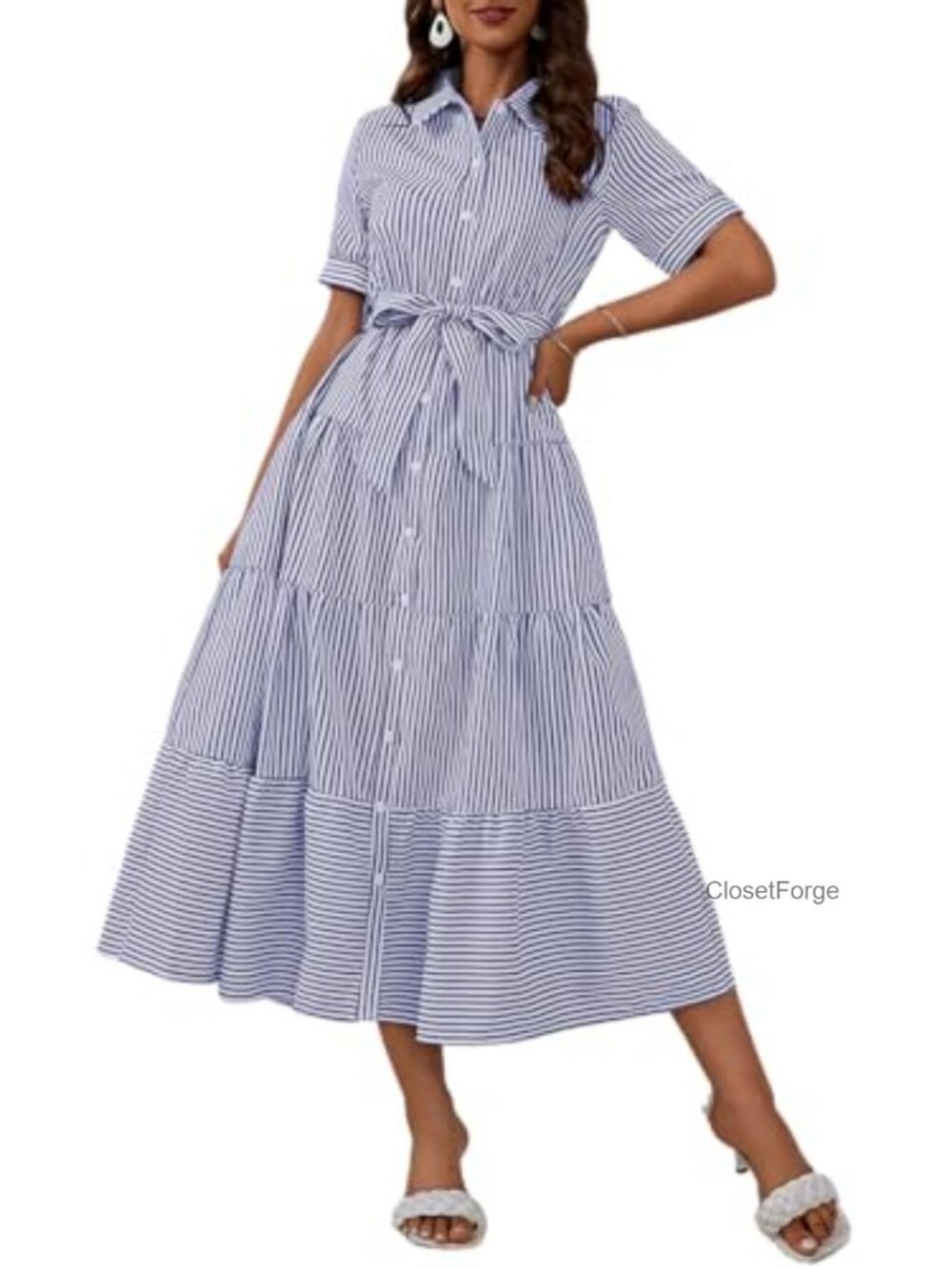Women's Boho Striped Button Down Maxi Shirt Dress Flowy A-Line with Pockets